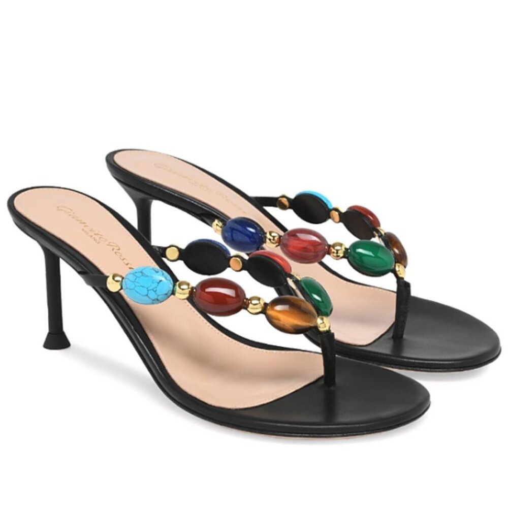 GIANVITO ROSSI BLACK LEATHER SHANTI THONG 70MM SANDAL MULE SIZE 37 NIB